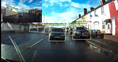 YOLOv8 detecting cars in dashcam footage with distance and speed overlays